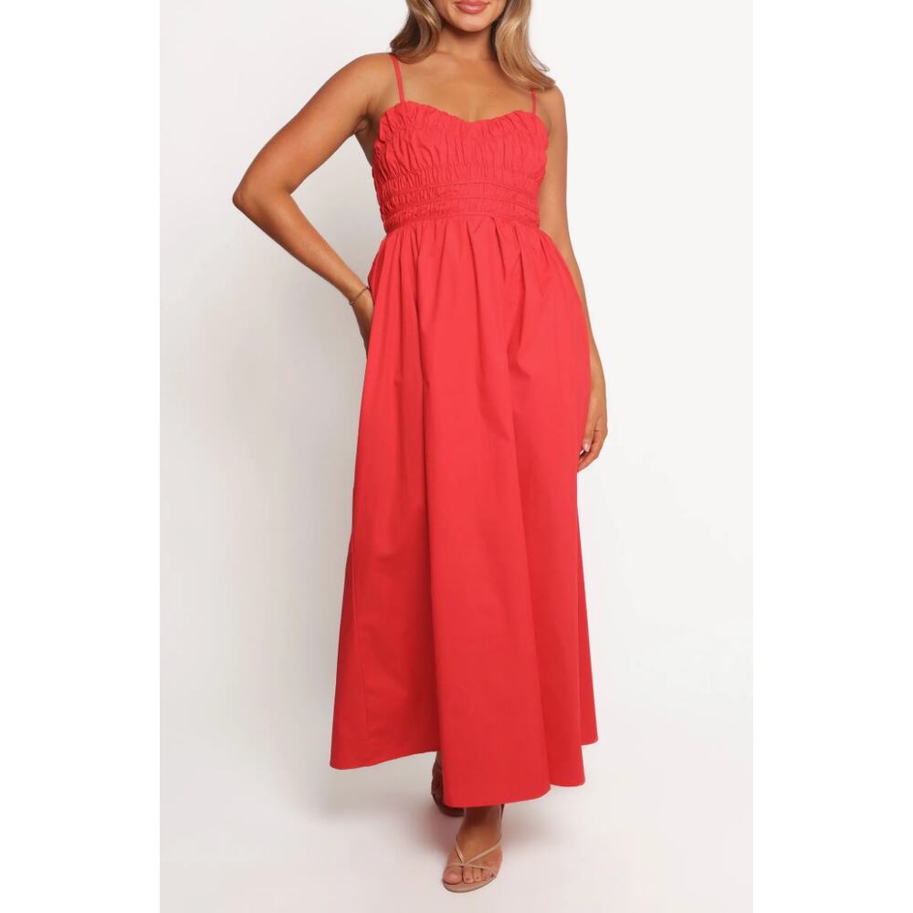 Petal & Pup Camilla Shirred Maxi Sundress Sweetheart Neckline Red Size Small